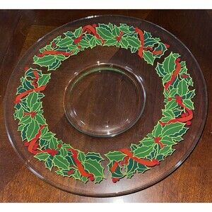 Vintage 1981 Avon Christmas Holly Clear Glass Serving Platter 11”